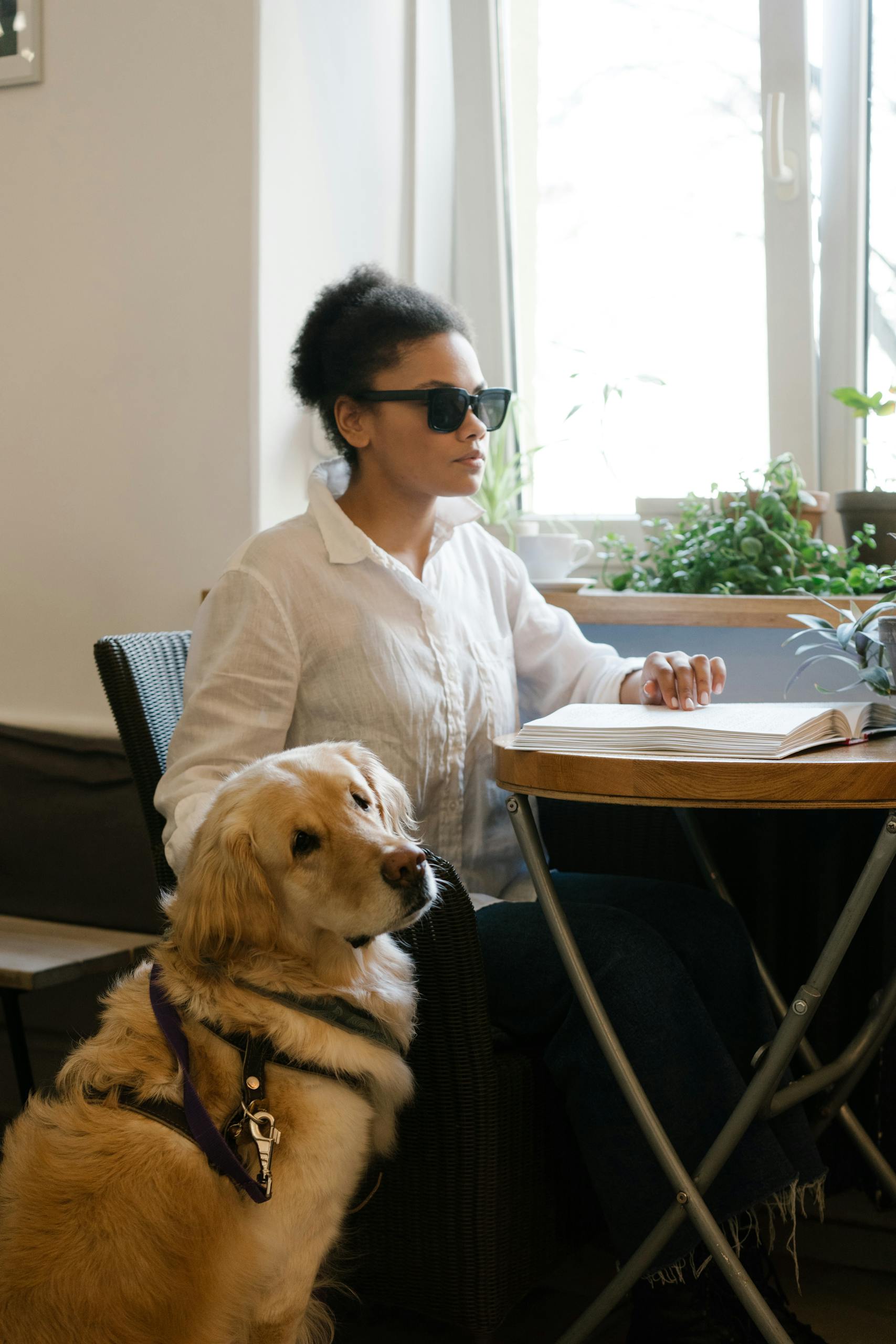 African American woman with guide dog reading a Braille book indoors.