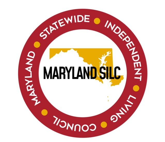 Logo met 'n geel buitelyn van die staat Maryland, "MARYLAND SILC"-teks voor, en 'n rooi ring daarom wat "MARYLAND STATEWIDE INDEPENDENT LIVING COUNCIL" lees.