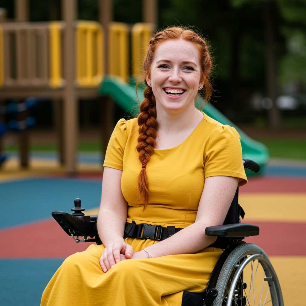 'n Glimlaggende vrou met lang rooi hare in 'n vlegsel, geklee in 'n geel rok, sit in 'n rolstoel by 'n kleurvolle buitespeelgrond. Die speelgrondtoerusting is in die agtergrond sigbaar.